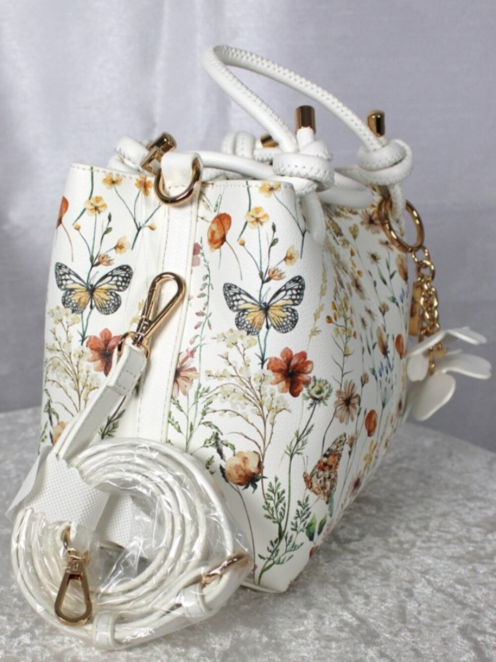 NWT ALDO Floral Butterfly Satchel Crossbody Bag with Flower Charm White - Picture 5 of 10